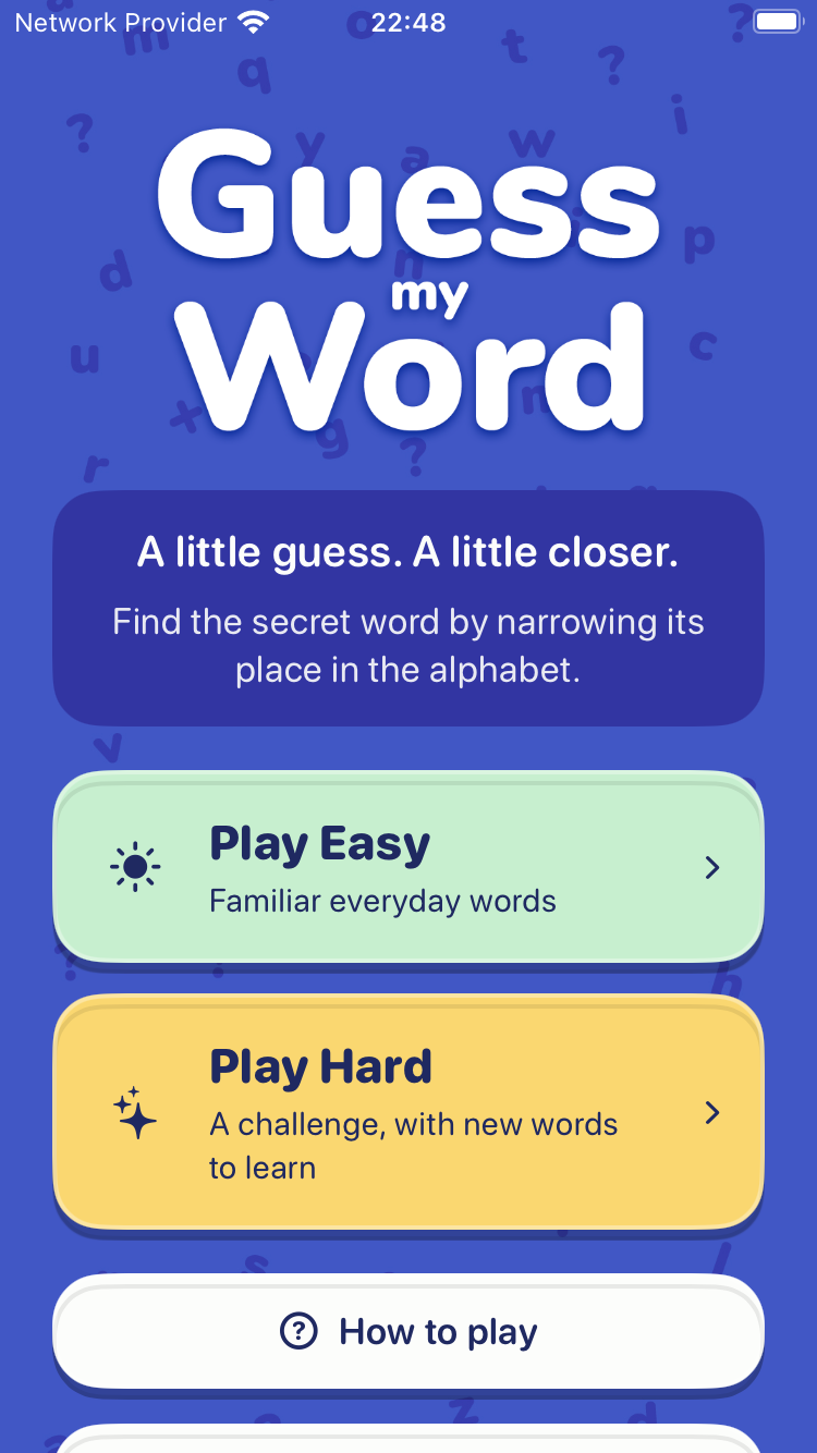 Guess My Word for iPhone, showing the new blue letter artwork and Easy and Hard game modes.